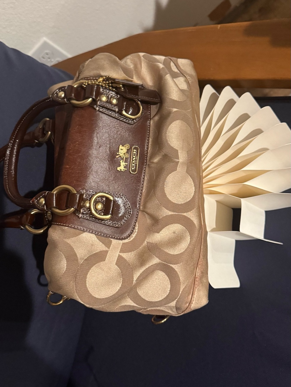 Coach Tan & Brown Signature Satchel with Gold Hardware